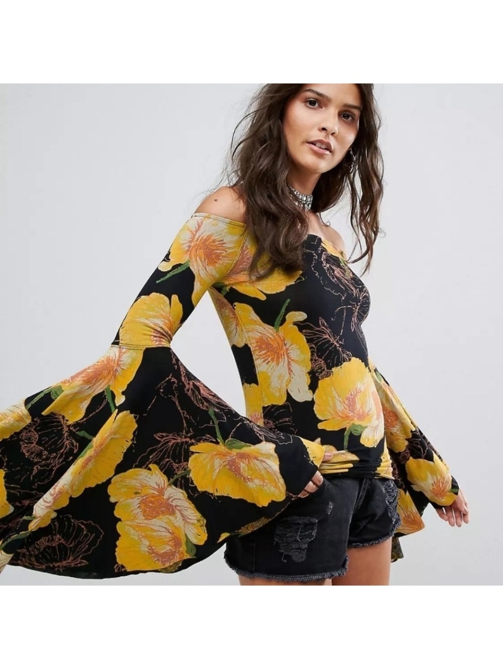 Free People We The Free Off-Shoulder Bell Sleeve Floral Top — Black & Yellow Med